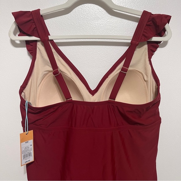 Kona Sol One Pc Ruffle Shoulder Swimsuit Sz 16W Ruched Brick Red - Picture 9 of 10